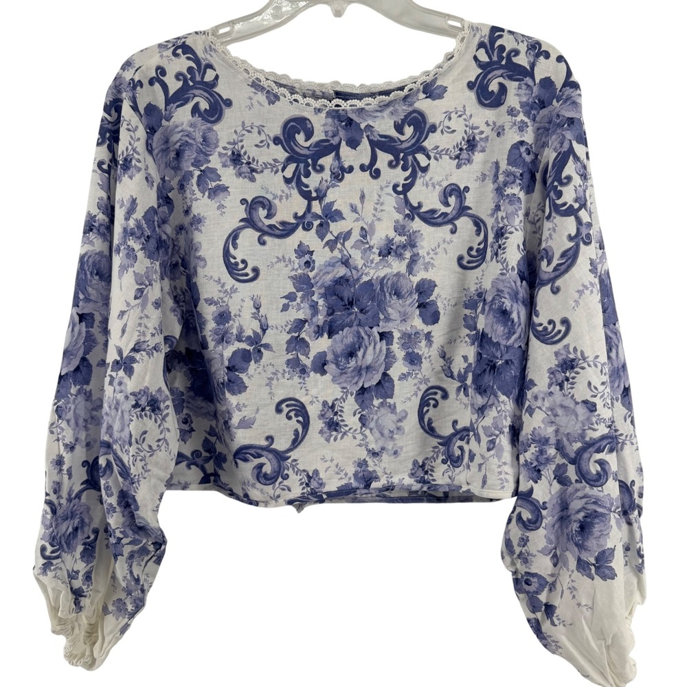 NEW Joie Floral Toile Crop Top Womens Medium Blue White Linen Blend Puff Sleeve